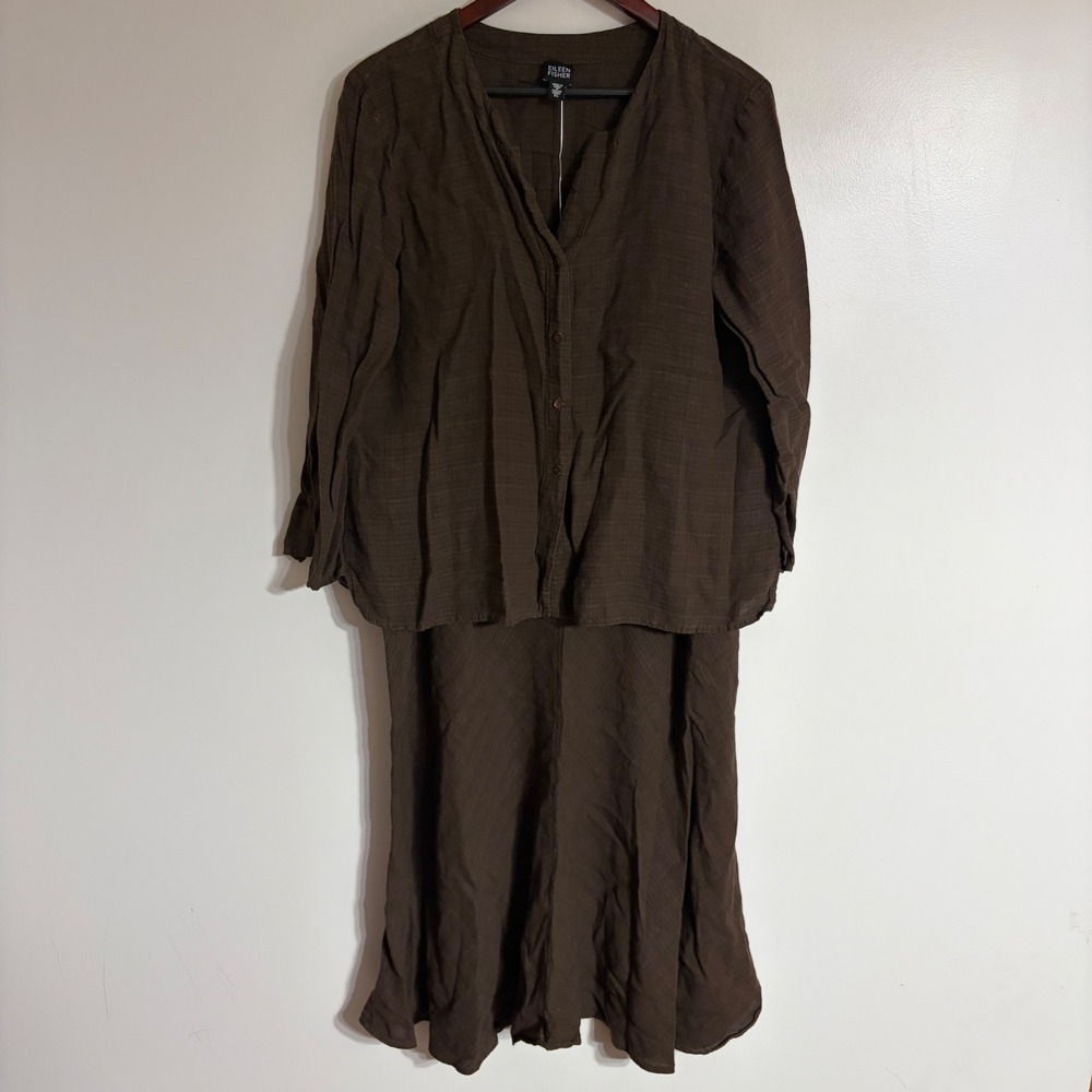 Eileen Fisher Brown Textured 2 Piece Set Button Top & Midi Skirt XL
